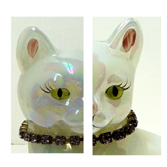 FENTON Opalescent Glass Cat Figurine-Pink Rhinestone Collar-Hand Painted/Signed - Picture 3 of 7